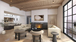 Contemporary living room and fireplace and connecting outdoor living area
