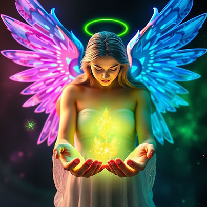 etheric mystical angel with blue wings and green energy coming off of palms on hands hands