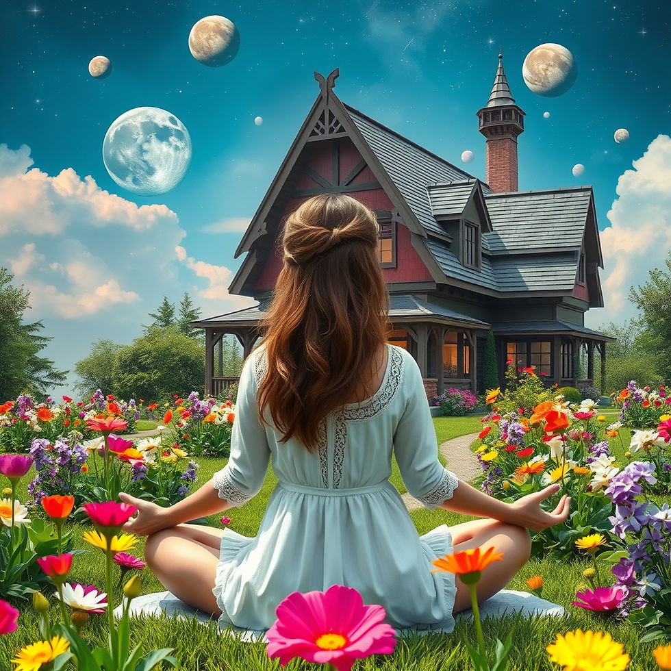 a woman meditating in front of her house on the lawn with flowers