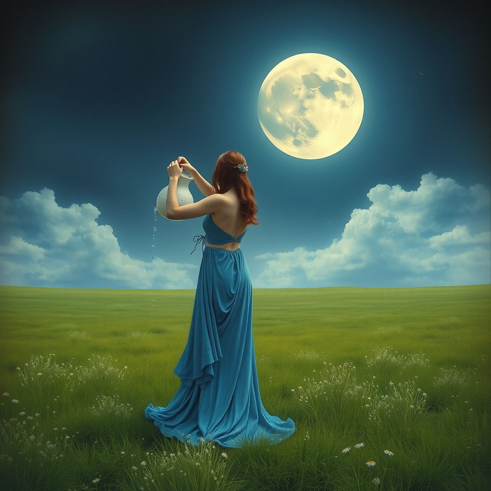 a woman figure in blue dress with water jug under full moon