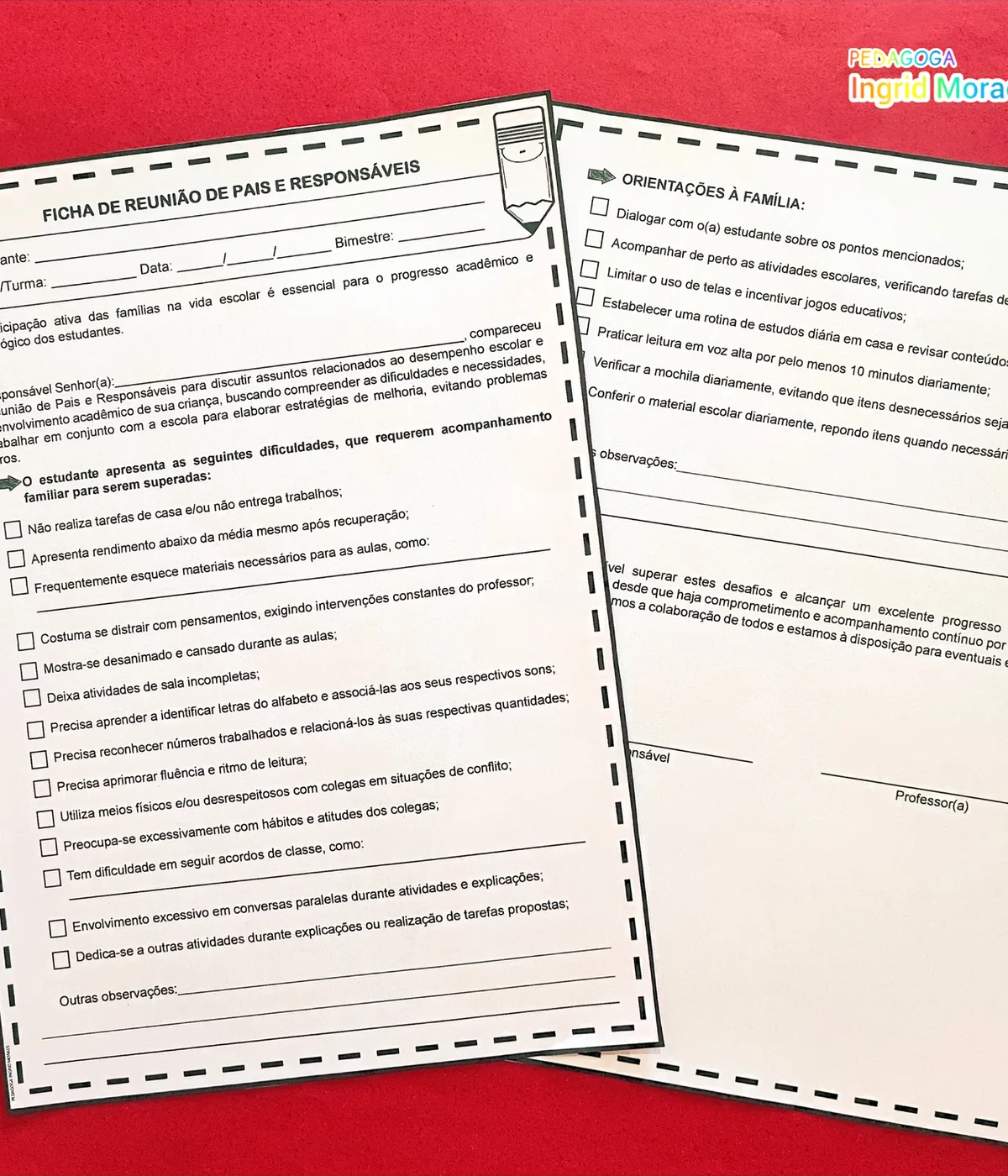 Ficha Para Reunião De Pais E Responsáveis