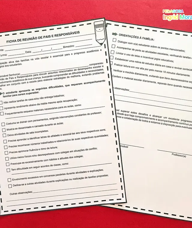 Ficha Para Reunião De Pais E Responsáveis