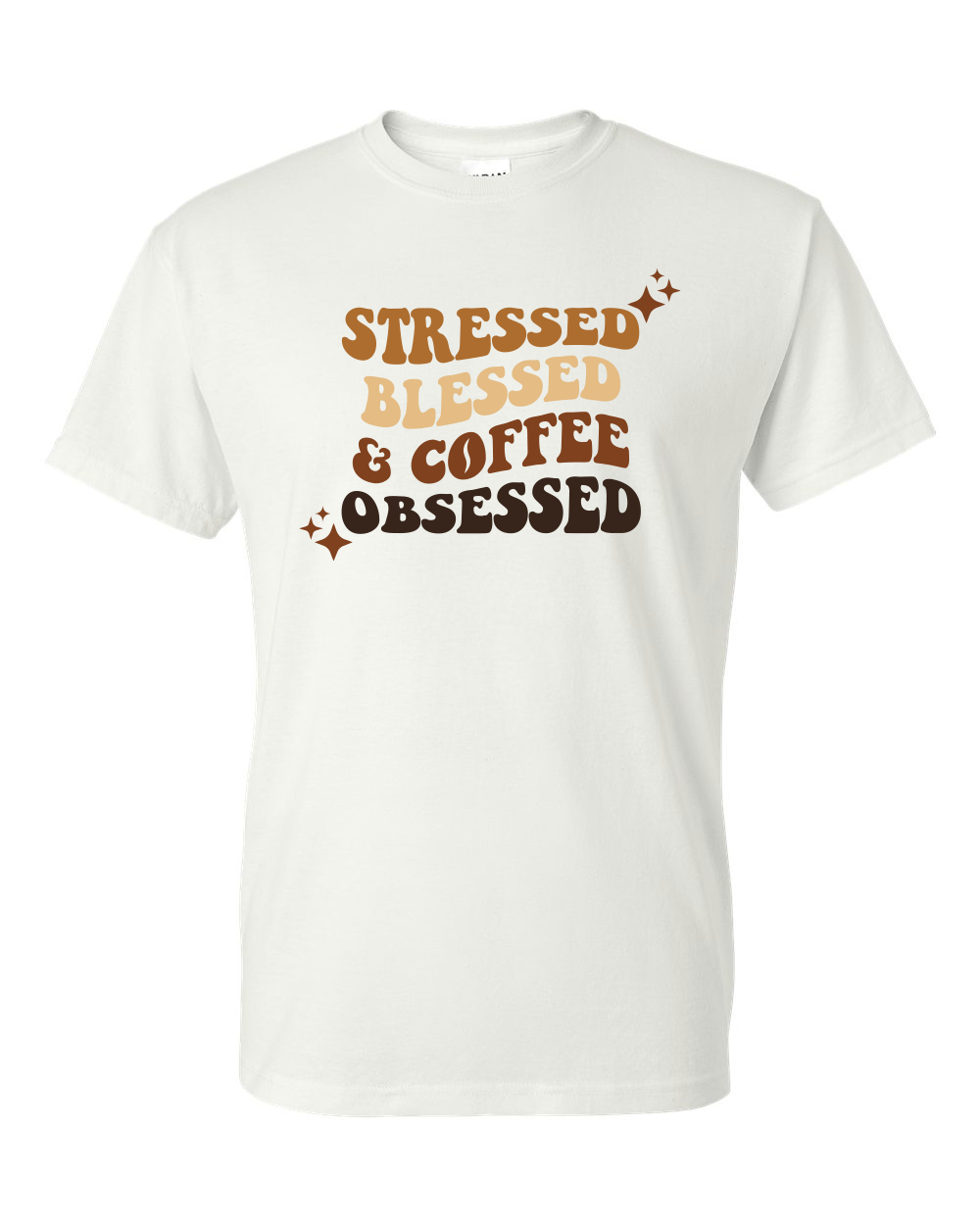 stressed blessed and coffee obsessed tshirt in white