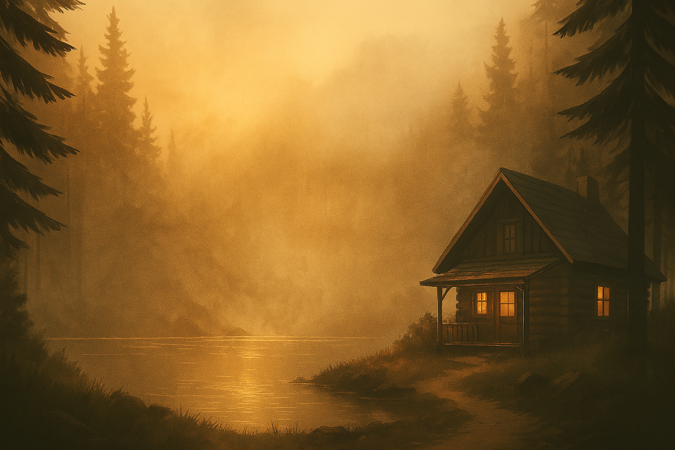 A cozy house nestled in a forest, featuring warm yellow hues that blend with the surrounding greenery.