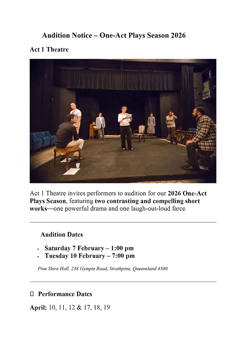 AUDITION NOTICE: Season of One Act Plays - Act 1 Theatre