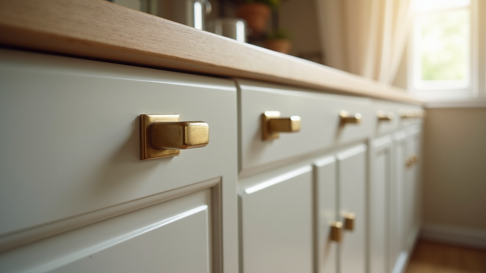Close-up view of kitchen cabinet door with new brass handles