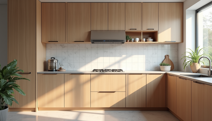 Eye-level view of a modern kitchen with affordable wooden cabinets and tiled backsplash