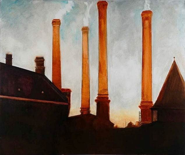a landscape with chimneys