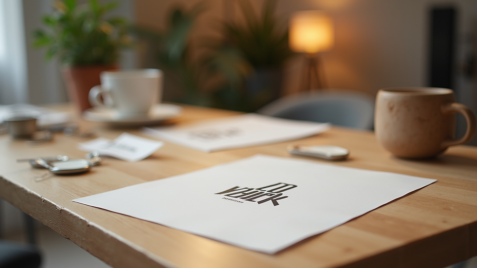 Augenhöhe auf einen Schreibtisch mit Logo-Entwürfen und Visitenkarten