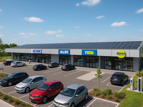 Modernes Fachmarktzentrum an einem sonnigen Tag mit den Filialen von Action, Aldi, TEDi und Denn’s Biomarkt. Auf dem Dach befinden sich Photovoltaikmodule, davor Parkplätze mit E-Ladesäulen und einigen parkenden Autos, umgeben von gepflegten Grünflächen.