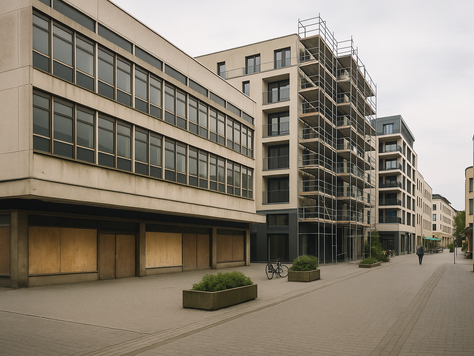 Innenstadt-Straßenzug mit leerstehendem Kaufhaus und daneben entstehendem Neubau mit Gerüst, Balkonen und großen Glasflächen – Symbol für die Transformation älterer Handelsimmobilien in moderne, gemischt genutzte Gebäude.