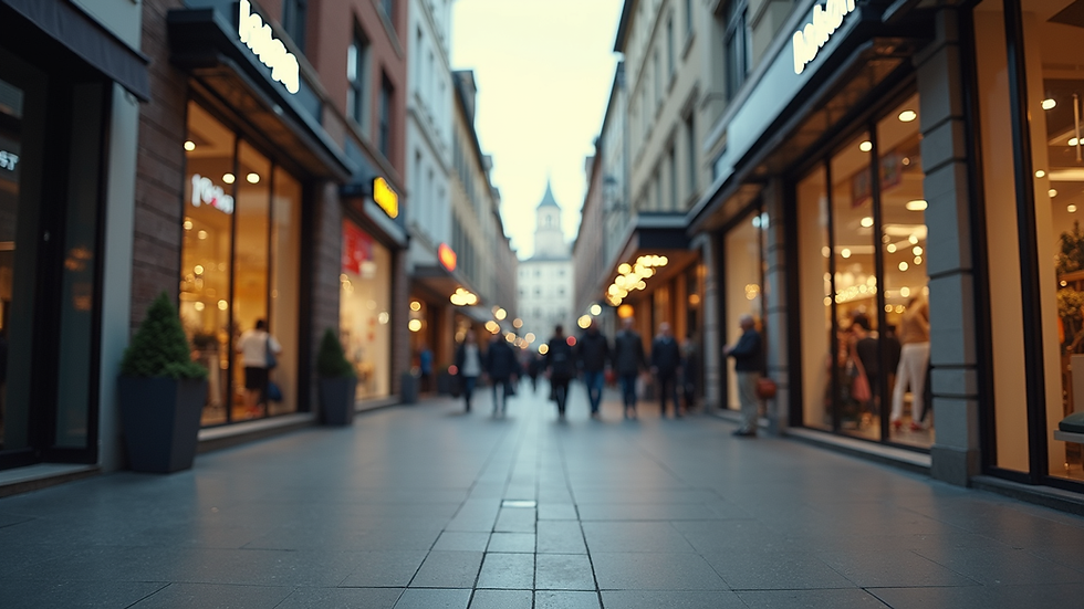 eye-level view of a busy shopping street with multiple retail stores