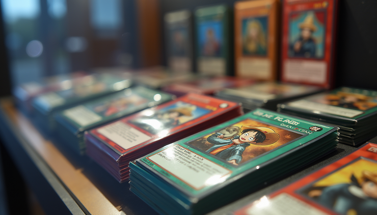 Eye-level view of a display case filled with One Piece Card Game booster packs and rare cards
