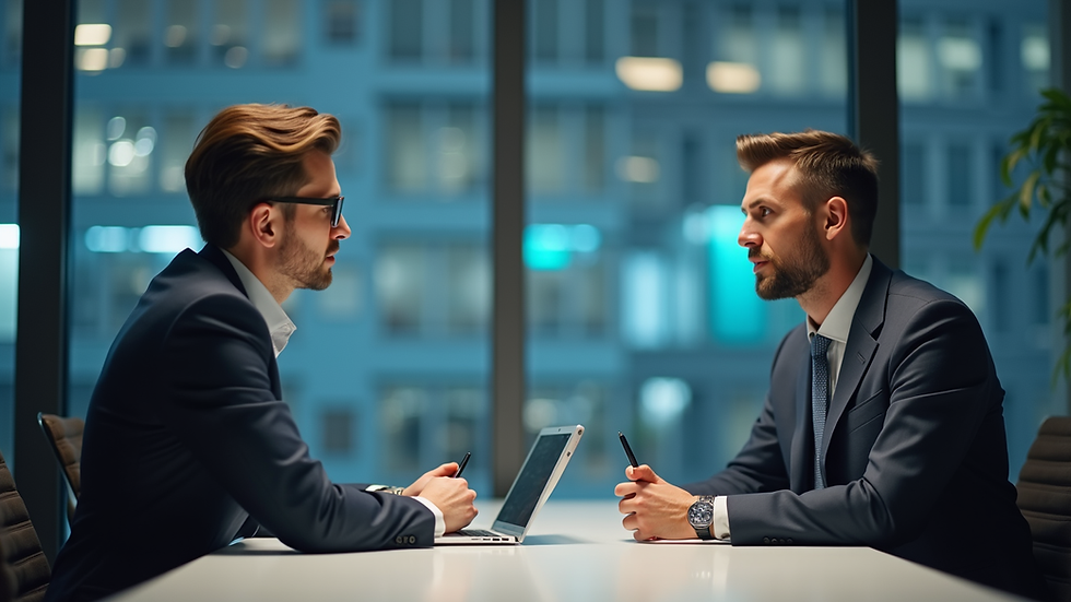 Close-up view of a recruiter conducting a technical interview in a modern office