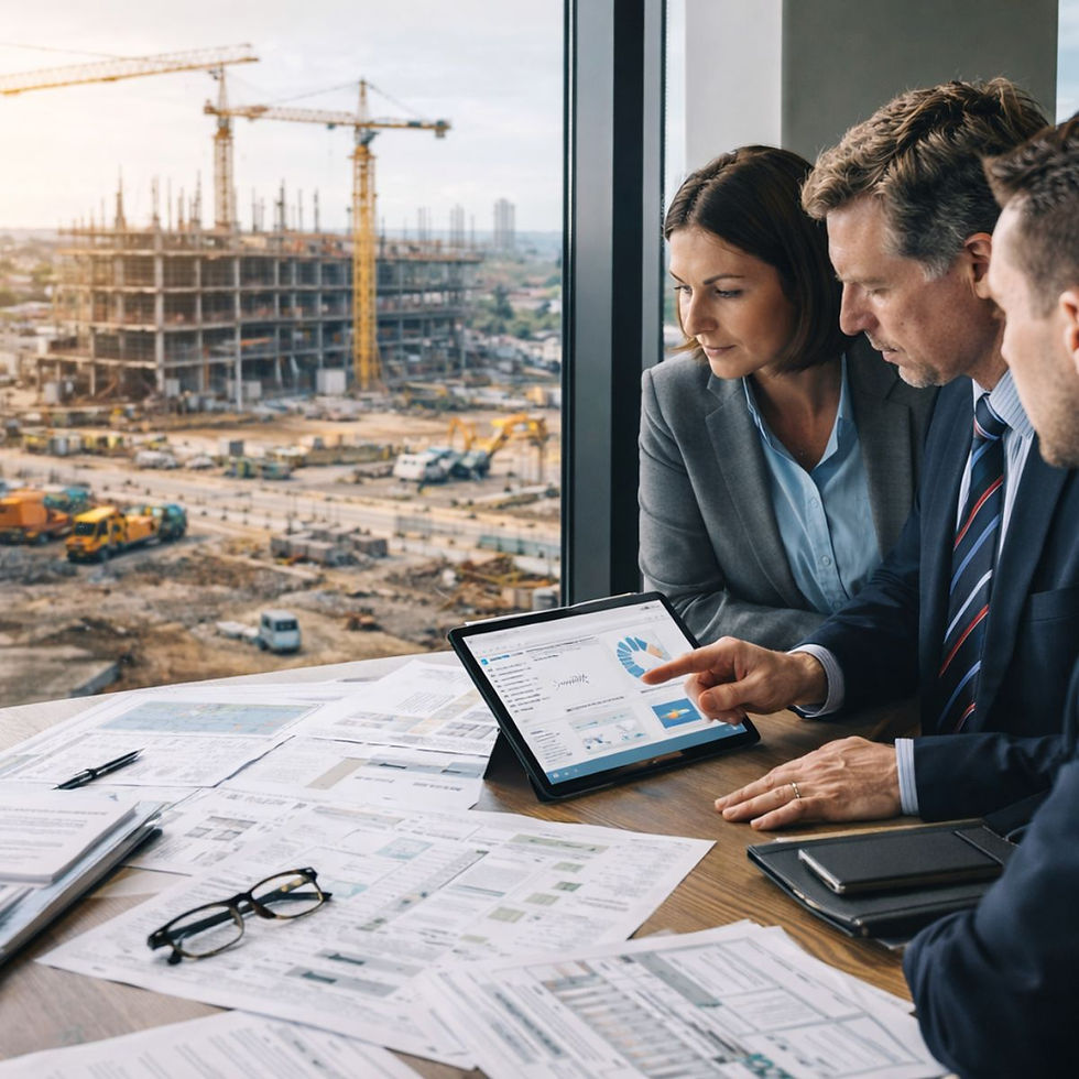 Advisory professionals reviewing live project information with construction activity visible in the background