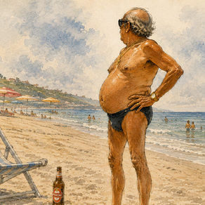 Illustrazione satirica di un anziano bagnante di profilo, con costume nero, pancia prominente, gambe sottili e gioielli d’oro, in piedi con le mani sui fianchi su una spiaggia pugliese