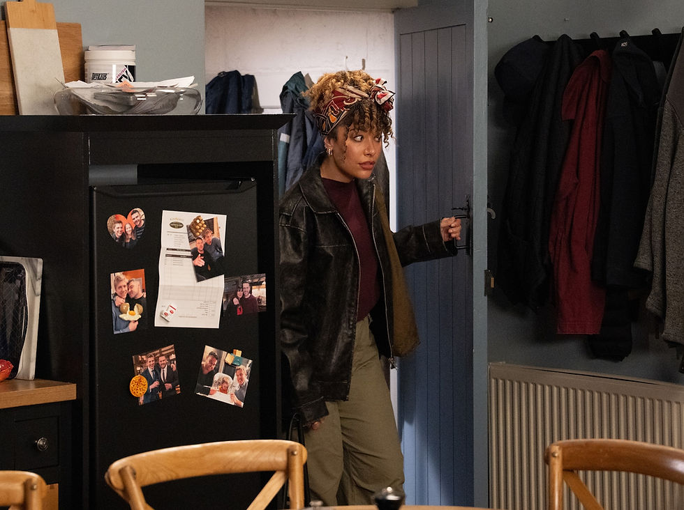 Robert and Sarah are shocked by Serena Sugden's arrival in Emmerdale