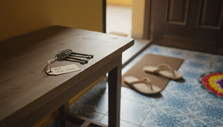 Close-up view of house keys placed on a simple wooden table near a small Indian home entrance.
