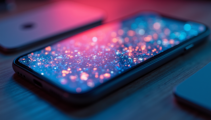 Eye-level view of a sleek smartphone displaying an AI-powered marketing dashboard