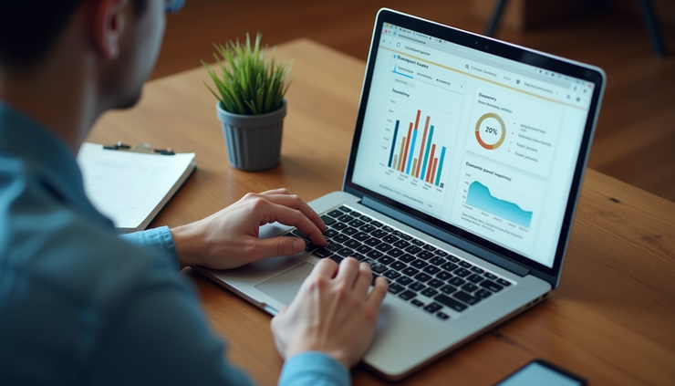 High angle view of a marketer analyzing influencer campaign results on a laptop