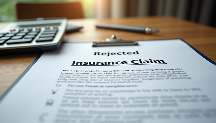 Eye-level view of a rejected insurance claim document on a wooden desk