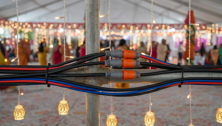 Close-up view of safe electrical wiring near a temporary festival lighting setup