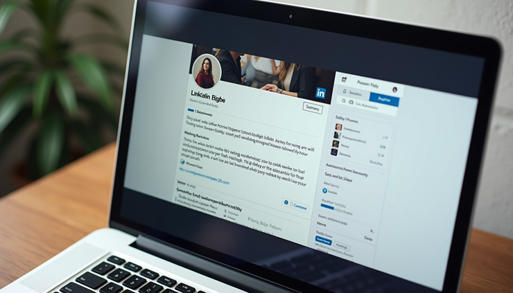 High angle view of a laptop screen showing LinkedIn profile with keyword-rich headline and summary