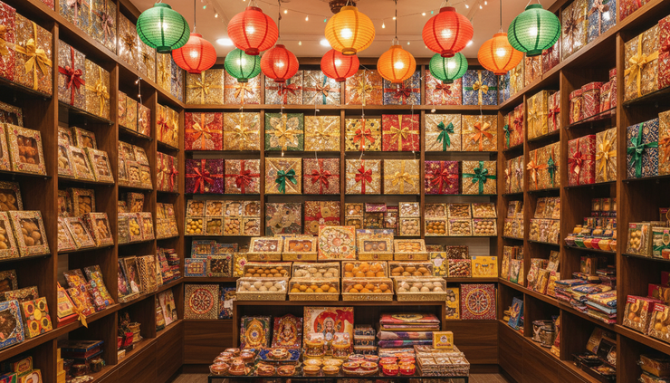 Eye-level view of a small Indian shop stocked for Diwali.