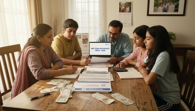Eye-level view of an Indian family looking at home loan papers on a dining table