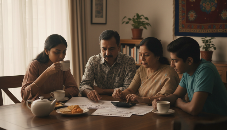 Eye-level view of a family reviewing insurance papers at a dining table