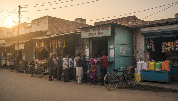 Wide-angle view of a small town insurance service kiosk with residents waiting outside