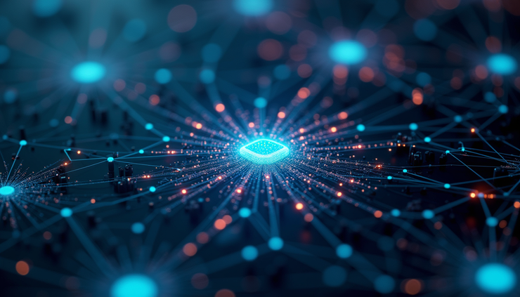 High angle view of interconnected AI system components represented as digital nodes