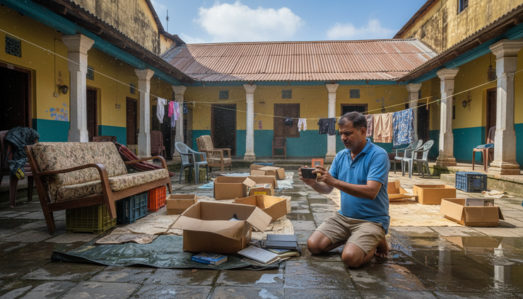 Wide-angle view of water-damaged household items drying in a courtyard