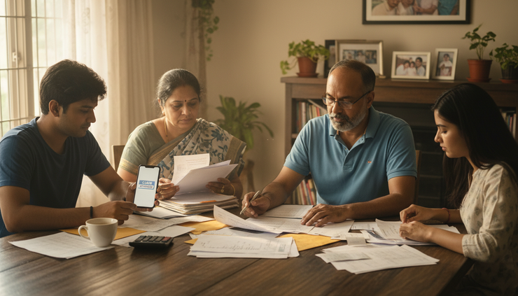 Eye-level view of a family reviewing insurance papers at a dining table