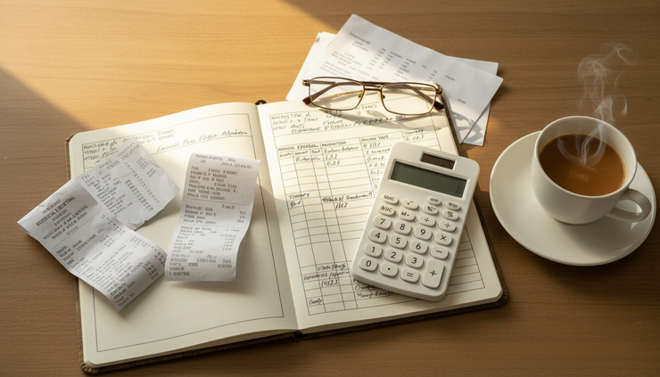 Top-down view of a family budgeting notebook with medical receipts and a calculator