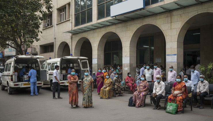 Wide-angle view of patients waiting outside a private hospital entrance in an Indian city