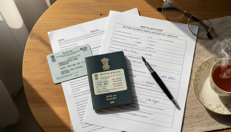 Overhead view of a passport, visa page, PAN card copy and medical form on a home table