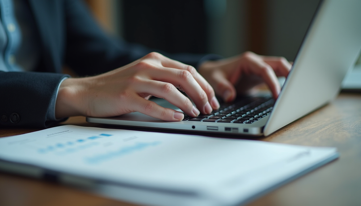 Close-up view of a person writing expert content on a laptop with research materials nearby