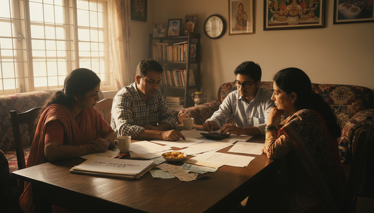 Wide-angle view of a family reviewing life insurance papers at a dining table