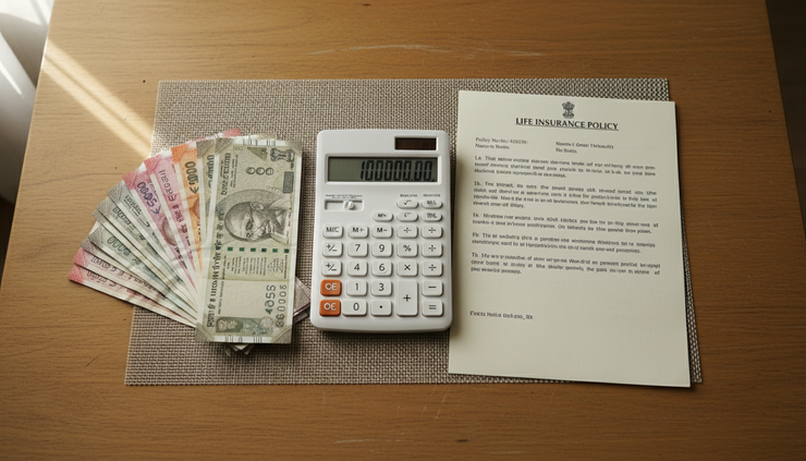 Top-down view of a calculator beside an Indian life insurance policy and rupee notes