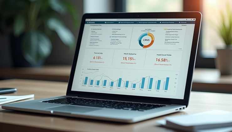 High angle view of a laptop screen showing CRM dashboard with lead qualification metrics