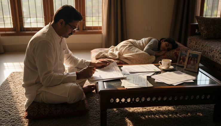 Wide-angle view of an Indian parent reviewing documents beside a sleeping child