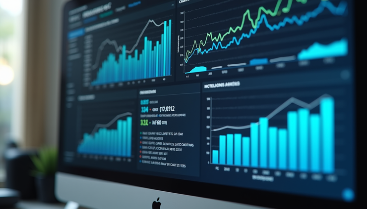 Eye-level view of a digital dashboard showing website analytics and SEO metrics