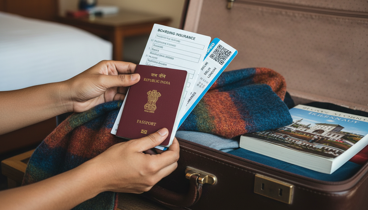 Close-up view of a traveller holding a passport and insurance papers beside a packed winter bag.