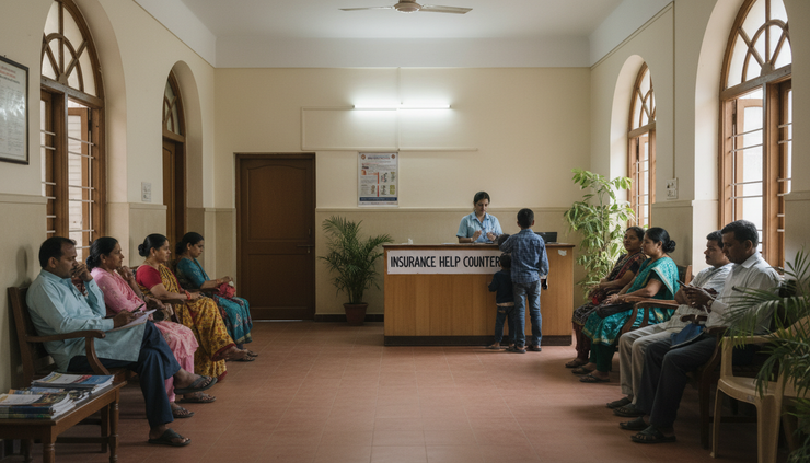 Wide-angle view of a hospital reception area with an insurance help counter