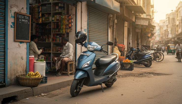 Eye-level view of an electric scooter parked near a small Indian street shop