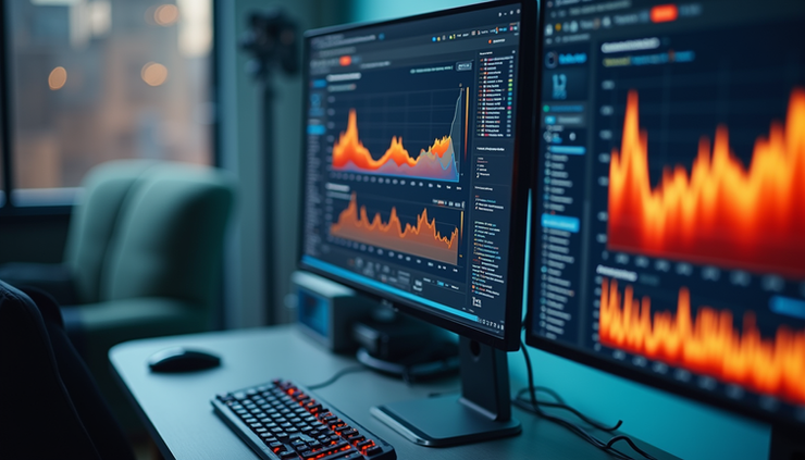 High angle view of a digital dashboard showing user behavior heatmaps and conversion metrics