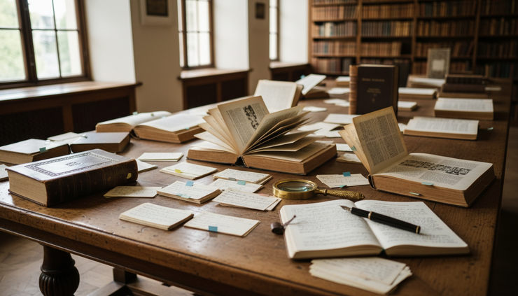 Wide-angle view of a wooden library table with open reference books and coloured index cards.
