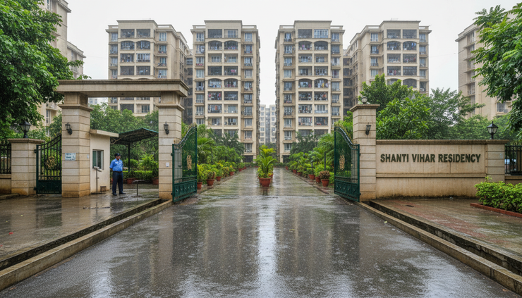 Eye-level view of a housing society entrance with visible rainwater drainage channels
