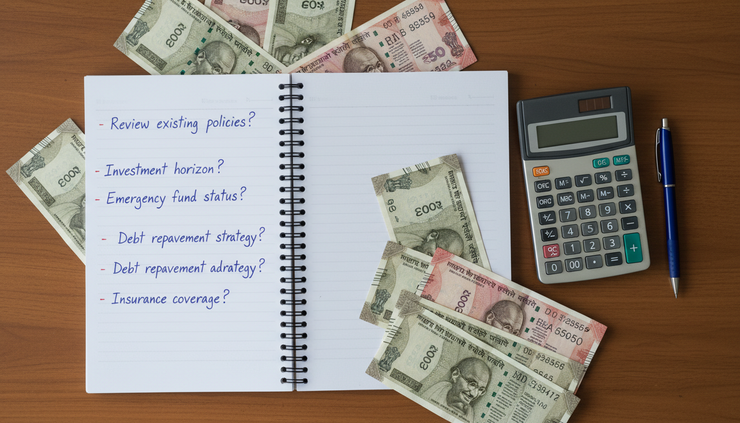 Top-down view of a notebook listing policy review questions beside rupee notes